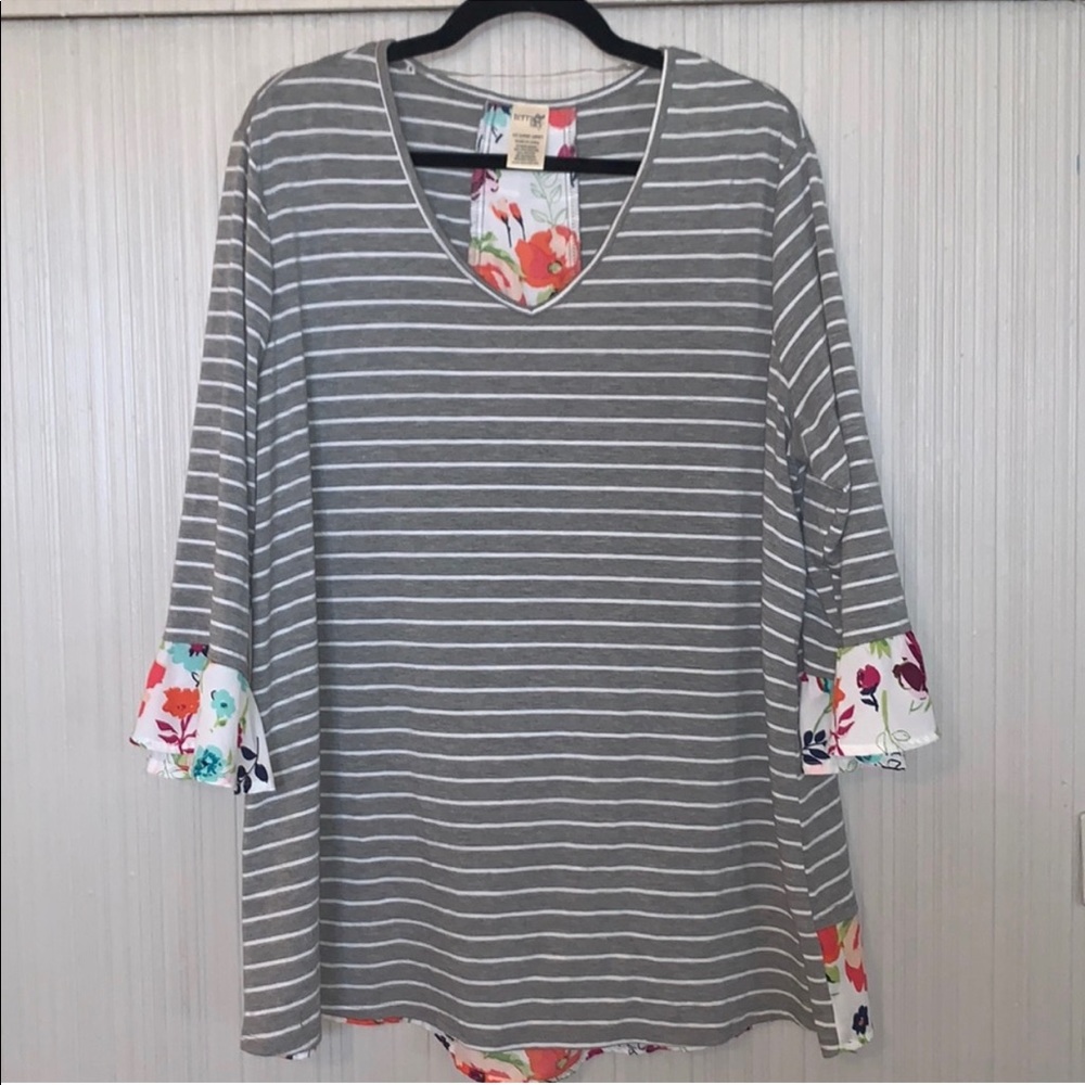 Terra & Sky Stripped Top With Floral Accents - PLUS SIZE